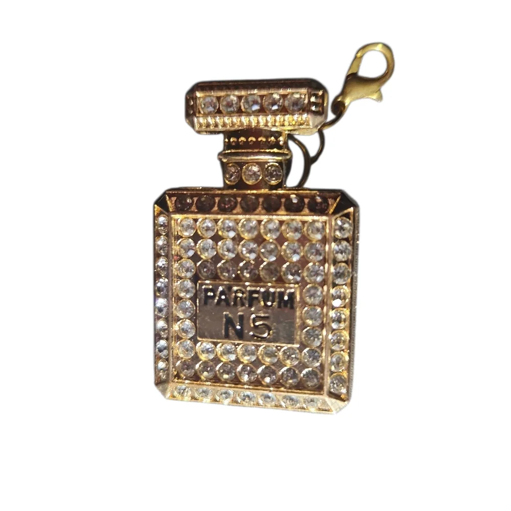 Rhinestone Perfume Bottle Charm Pendant - Gold Tone - Picture 3 of 3